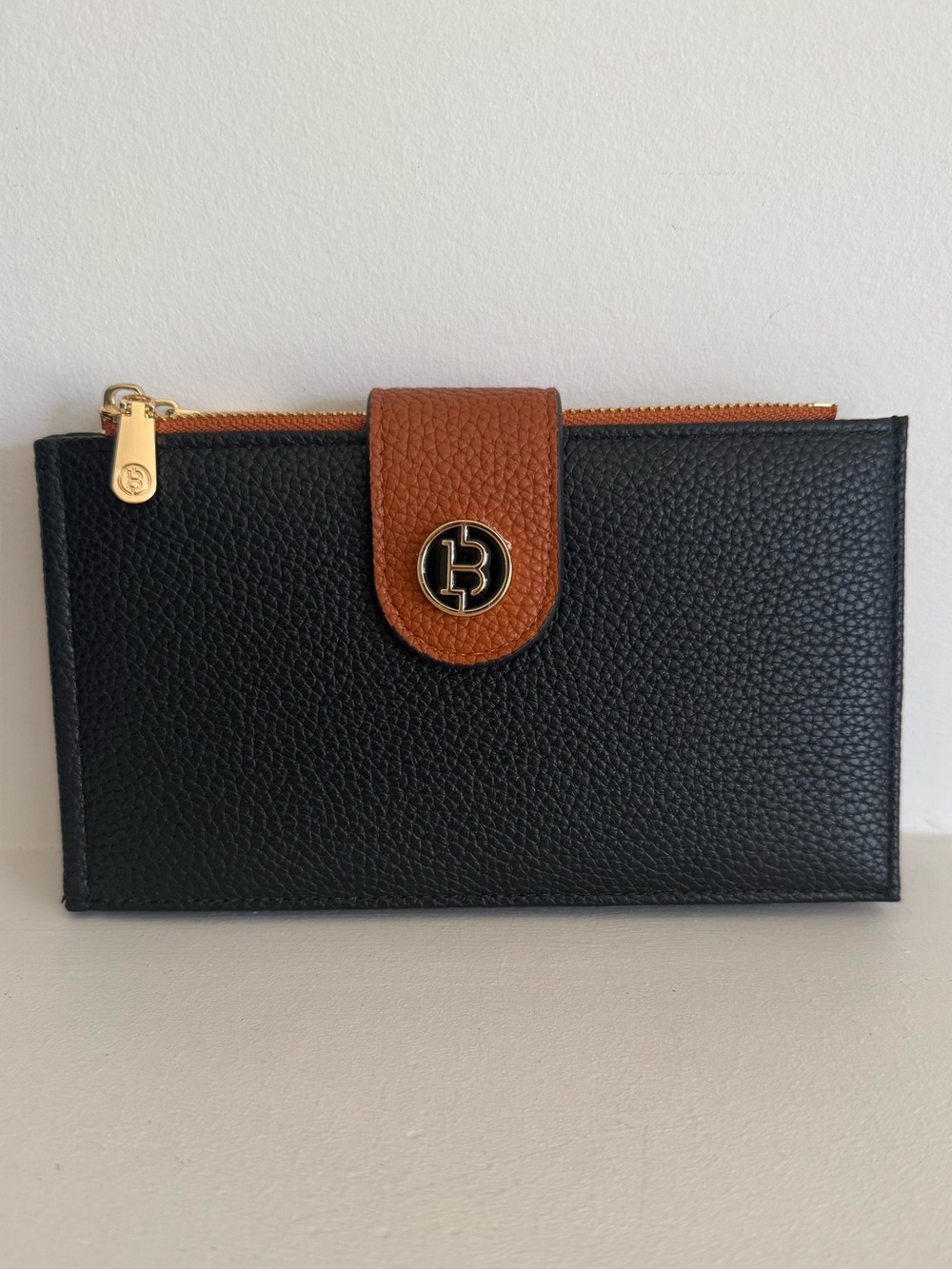 Black and Brown Leather Tab Wallet with Gold Logo Accent